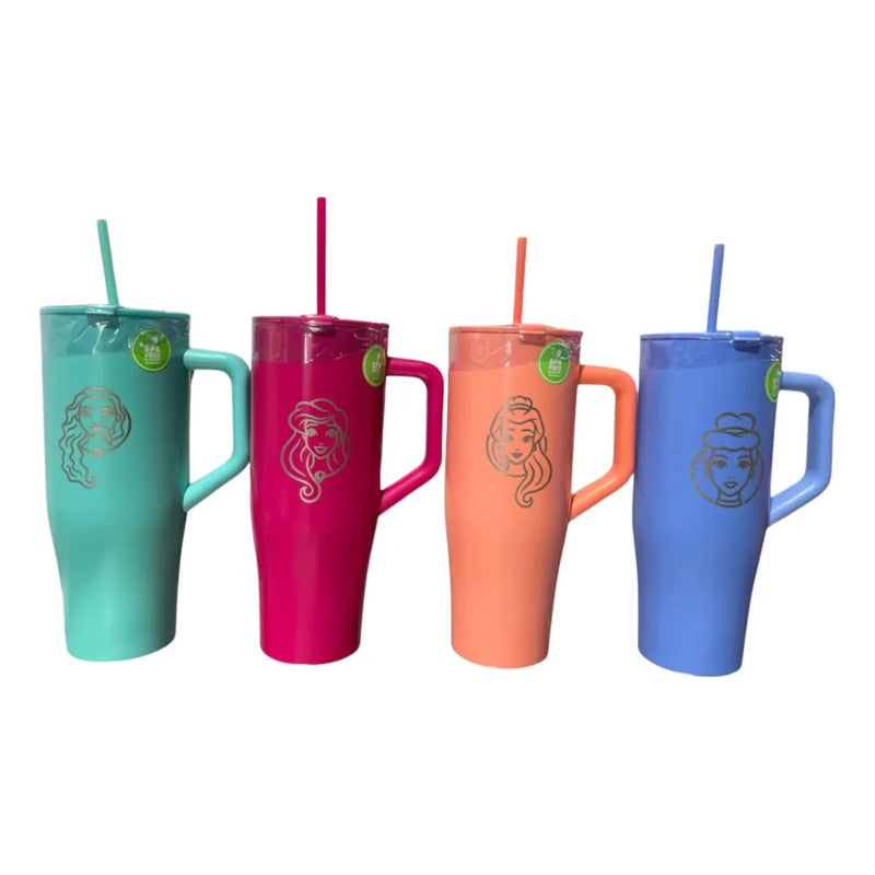 Mug Térmico 1160ml Latte Acero Inoxidable Princesas Disney Rosa Latte Straw Mug Ariel